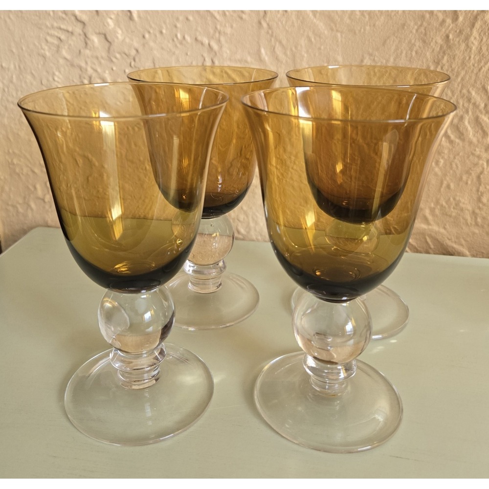 Golden Amber Crystal Goblets Hand Blown Clear Stem Set Of 4 Avail.‎ (#20)